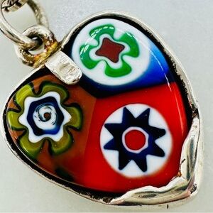 Vintage Millefiori Heart Necklace Italian 925 Sterling Silver Box Chain Red Blue